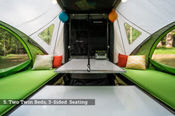 Two twin beds, 3 sided seating front view
