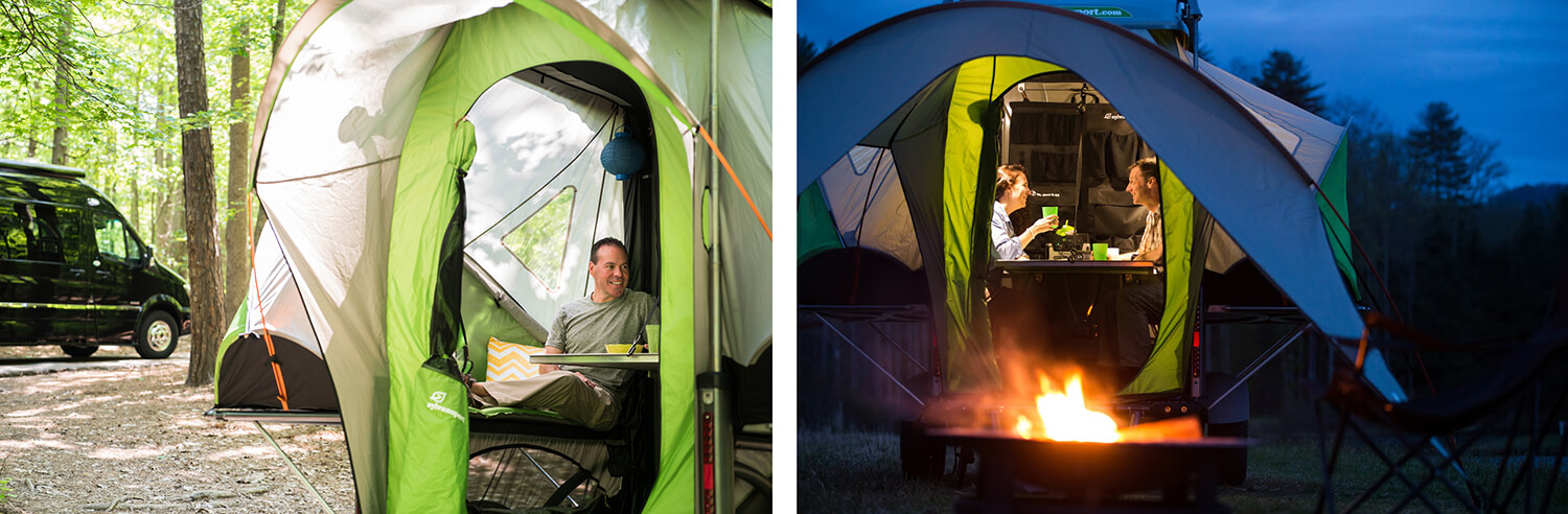 Mike Dever, Cindy Dever and Rebecca Harris enjoy the Sylvan Sport GO with a class B camper