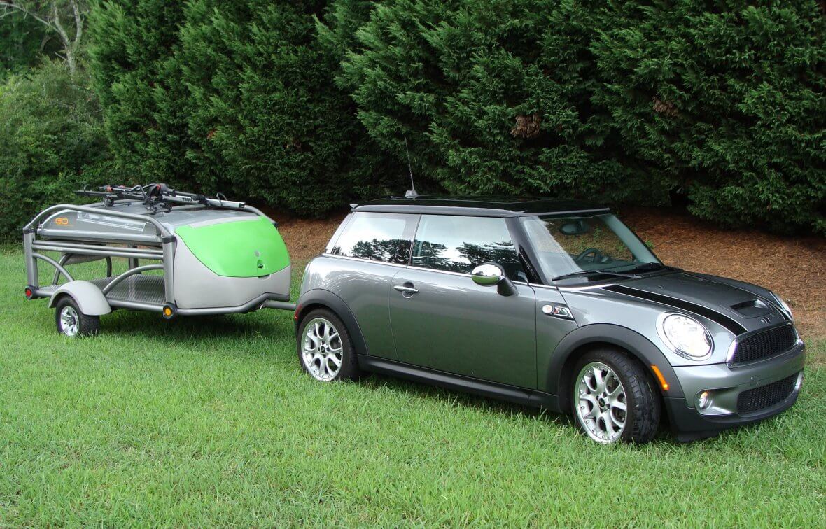 Fuel efficiency Mini Cooper GO trailer campground fire pit