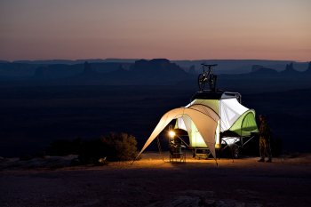 men preparing/leaving campground sunrise