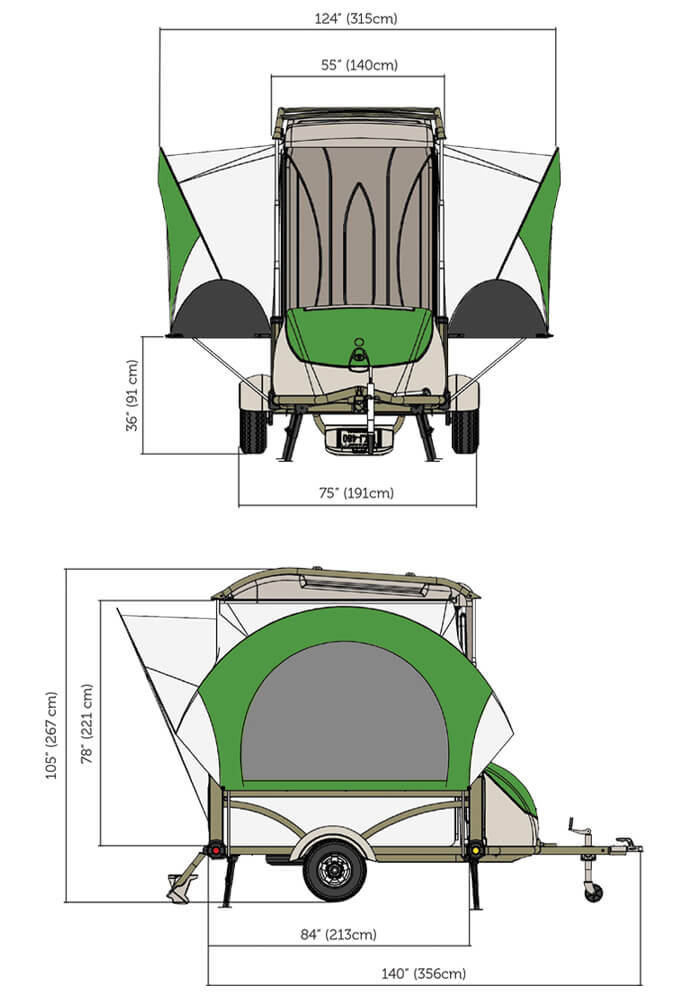 Dimensions GO Camper trailer front/side view