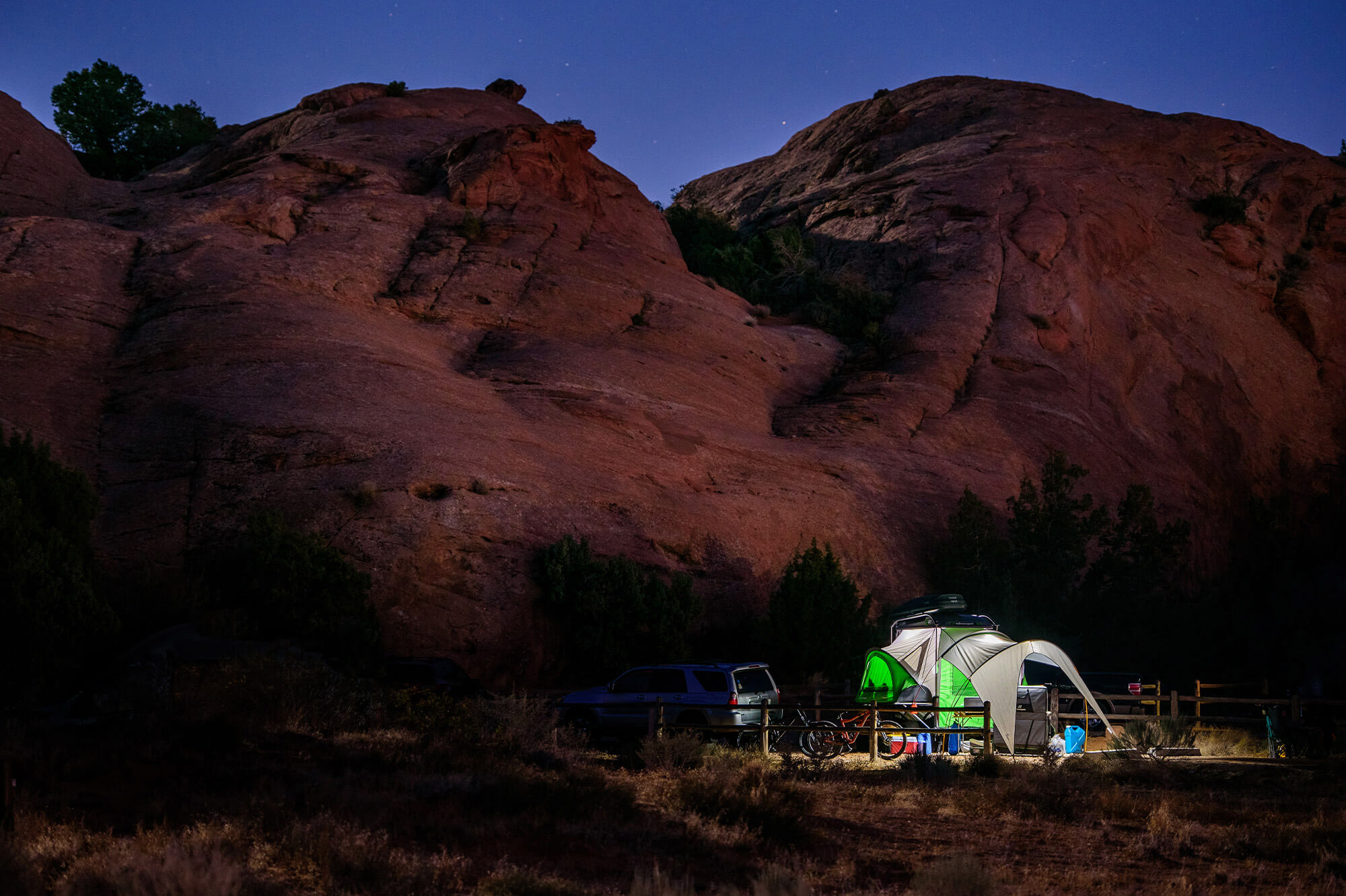 GO Camping Trailer at campground during the night