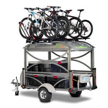 Gear deck with storage and bikes on top equipment rack studio photo