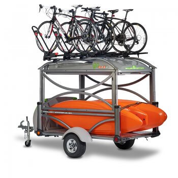 GO trailer with kayak on the deck and bikes with bikes racks studio photo
