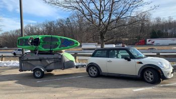 Fuel efficiency Mini Cooper GO trailer with kayak
