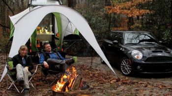 Fuel efficiency Mini Cooper GO trailer campground fire pit