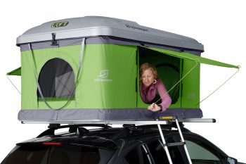 LOFT-rooftop-tent- woman inside awning set up