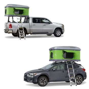 LOFT rooftop tent with Dodge RAM studio photo and Subaru Outback