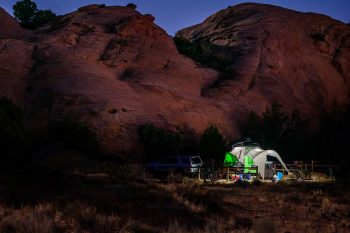 GO Camping Trailer at campground during the night desert