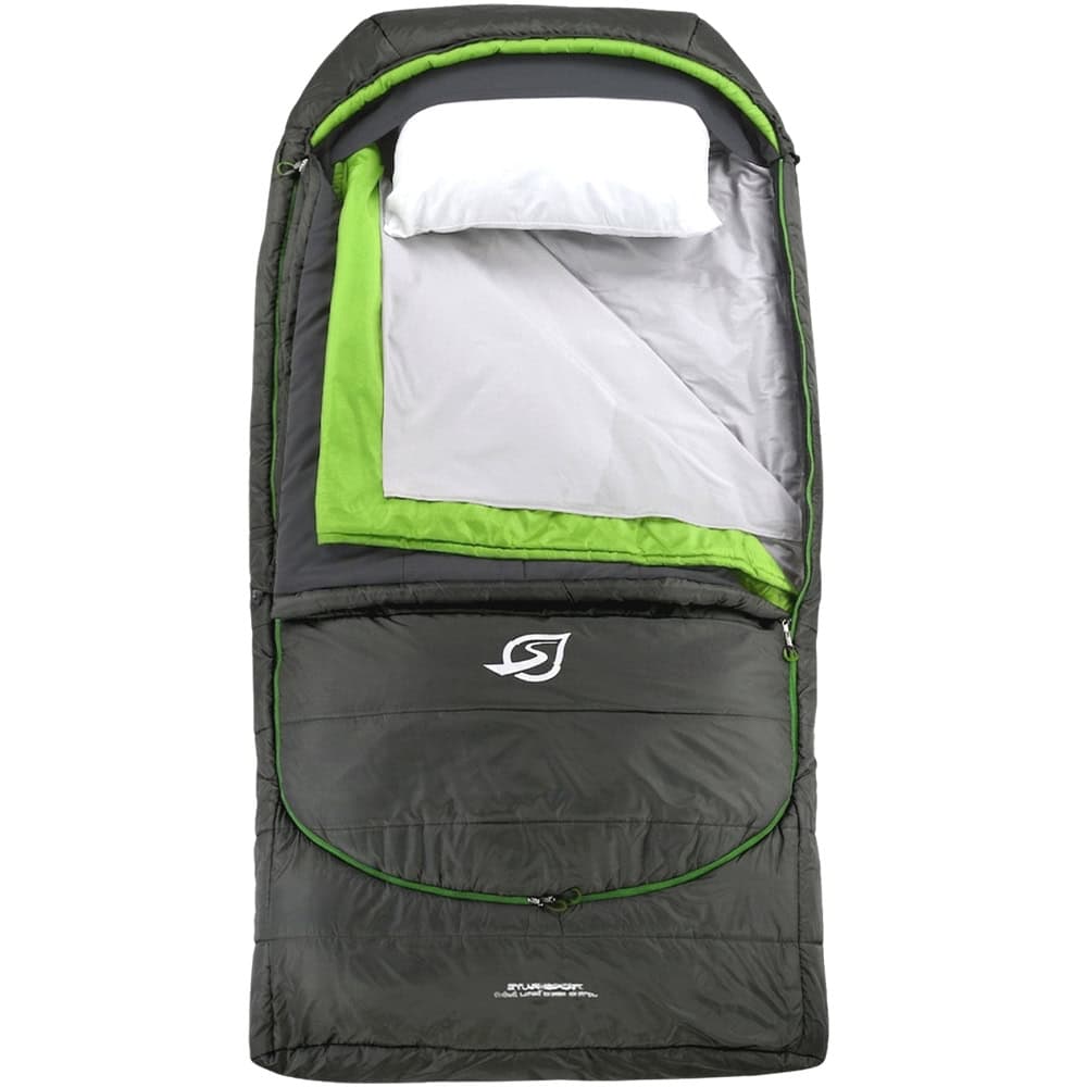 Compact sleeping bag with pillow and insulation for outdoor camping.