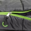 Close-up of a gray sleeping bag with green zipper and black pull tab.
