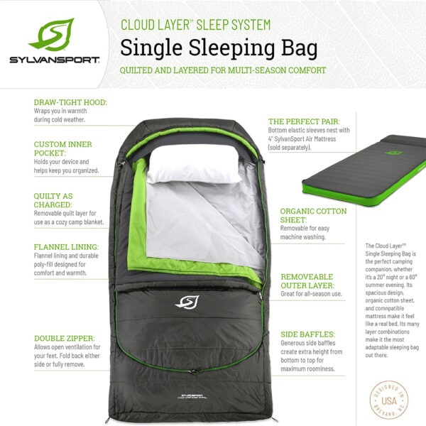 SylvanSport single sleeping bag with quilted, layered design and eco-friendly cotton sheet.