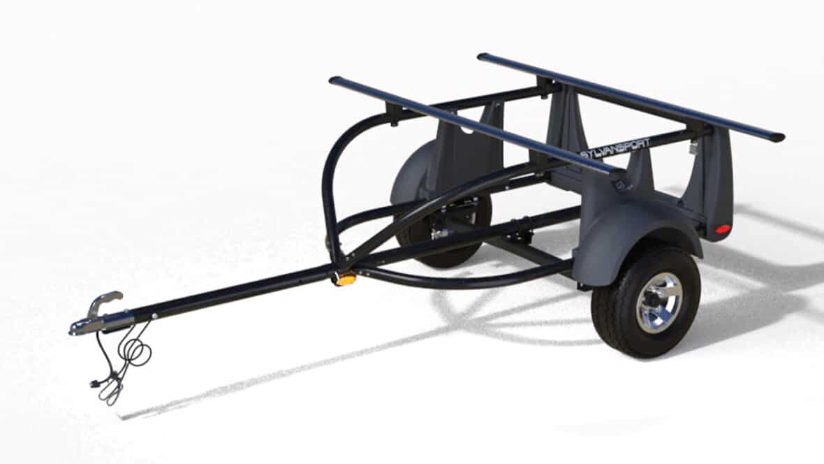 Compact SylvanSport GO EASY kayak trailer for easy transport and storage.