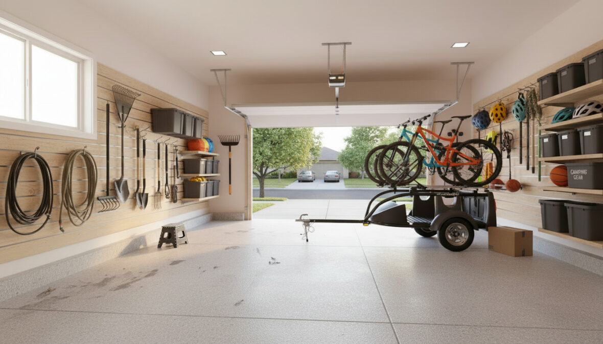 Suburban garage with organizers for sports equipment and gardening tools.