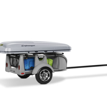SylvanSport Optima camping trailer with gear storage and hitch.