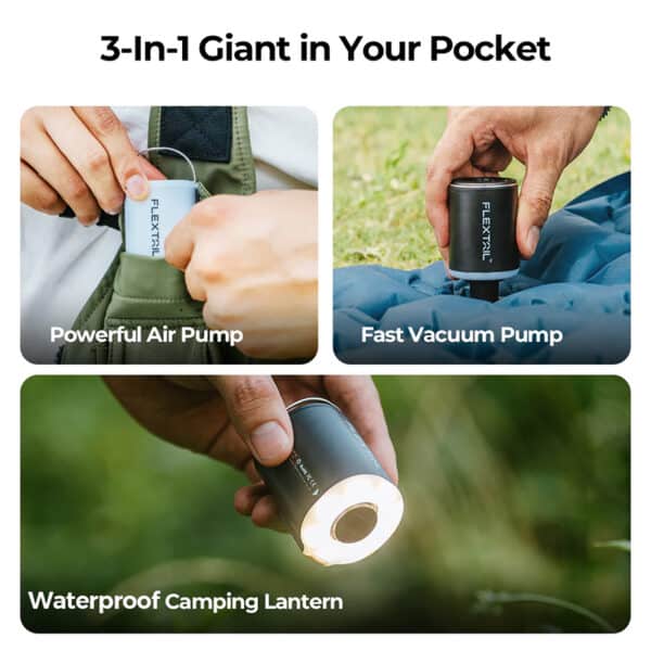 Compact camping gear including air pump, vacuum pump, and lantern from SylvanSport.
