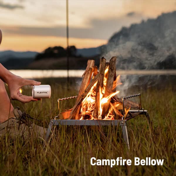 Portable campfire bellow for outdoor campfire and cooking activities.