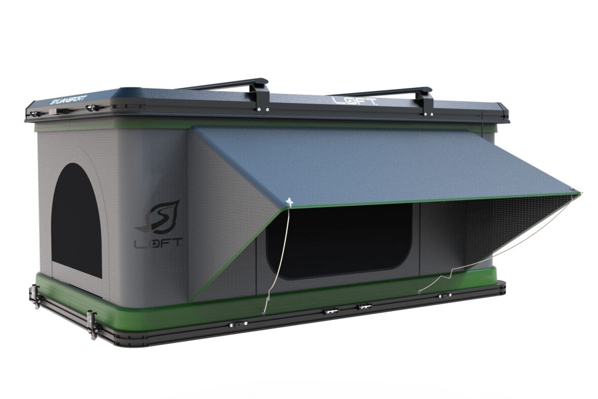 SylvanSport camping trailer with pop-up roof and awning for outdoor adventures.
