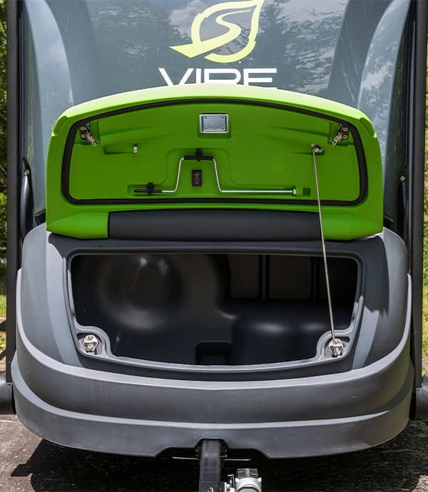 VIRE Travel Trailer storage compartment with open lid and interior view.