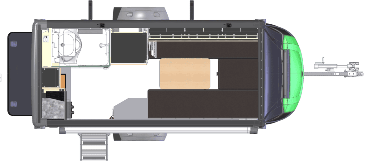 Interior layout of SylvanSport VIRE travel trailer with sleeping and storage areas.