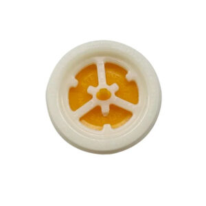 Close-up of a white and yellow wheel component for SylvanSport trailer.