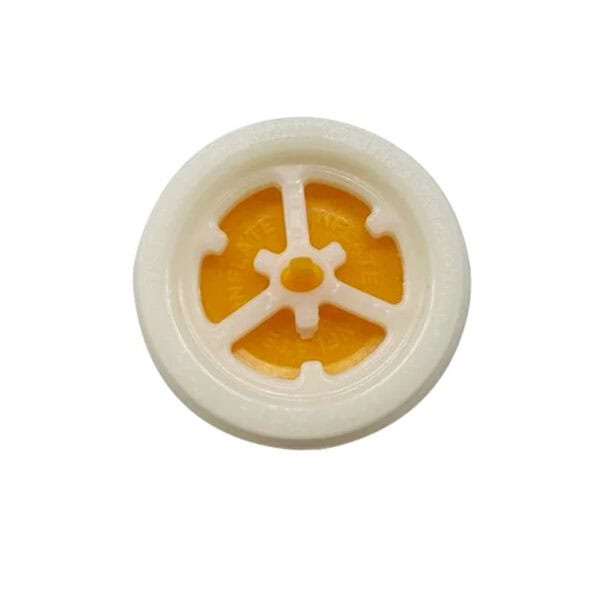 Close-up of a white and yellow wheel component for SylvanSport trailer.