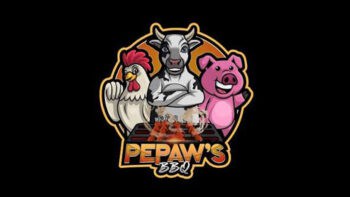 Pew's BBQ logo featuring a rooster, a cow, and a pig mascot.